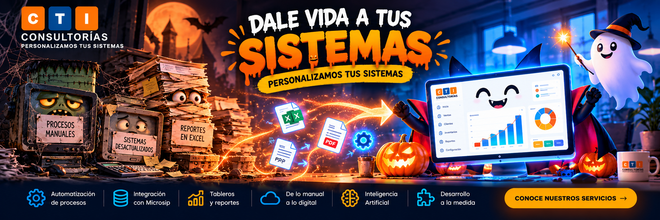 CTI: dale vida a tus sistemas. Automatización, integración con Microsip, tableros, inteligencia artificial y desarrollo a la medida. Conoce nuestros servicios.