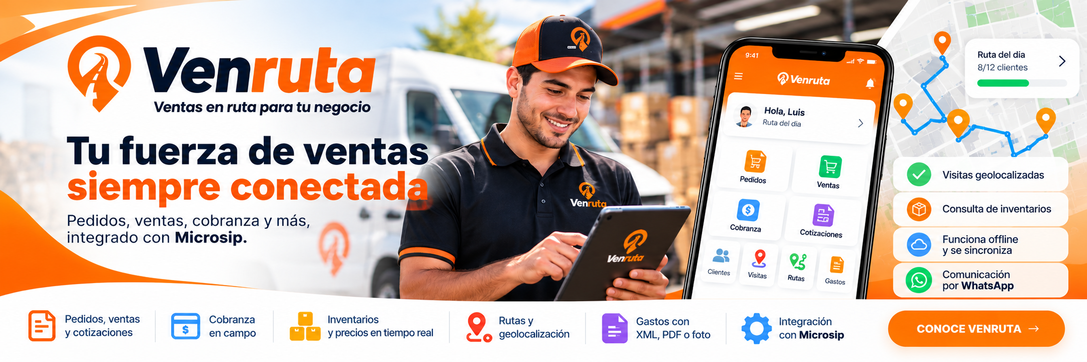 VenRuta: tu fuerza de ventas siempre conectada. Pedidos, ventas, cobranza, inventarios y rutas, integrado con Microsip. Conoce VenRuta.