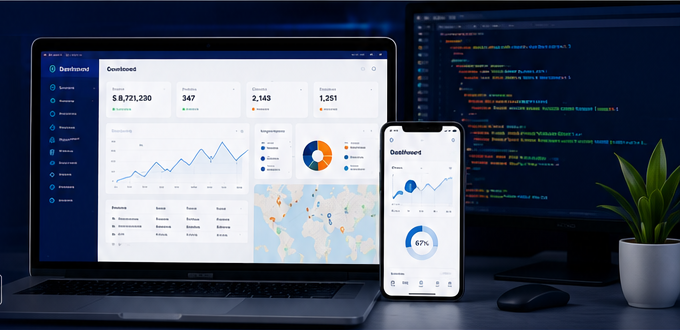 Laptop con dashboard, teléfono con indicadores y monitor con código en una oficina tecnológica