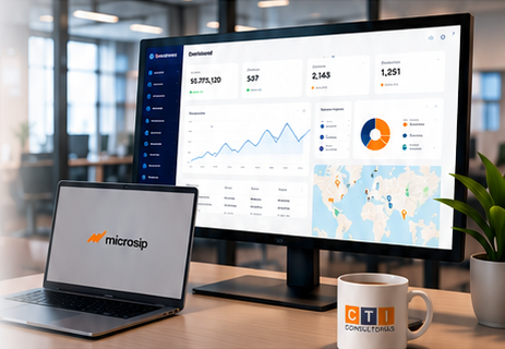 Oficina tecnológica con dashboard, laptop y ambiente corporativo